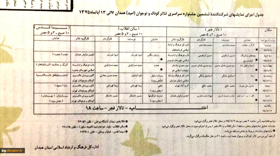 جدول برنامه اجراهای ششمین جشنواره سراسری تئاتر کودک و نوجوان