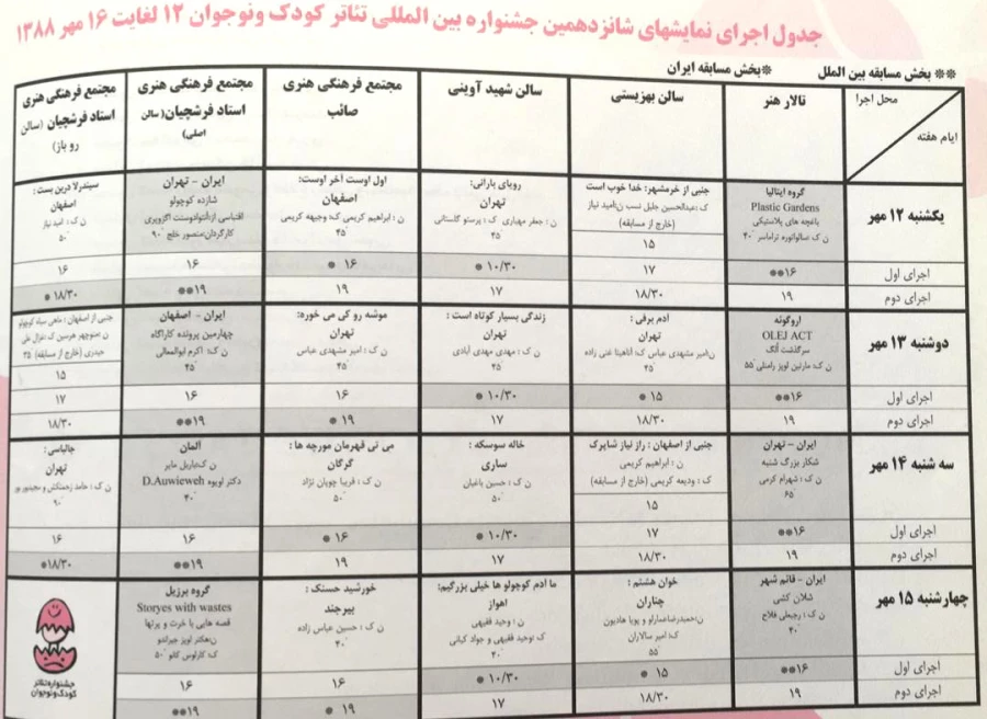 جدول اجرای شانزدهمین جشنواره تئاتر کودک و نوجوان