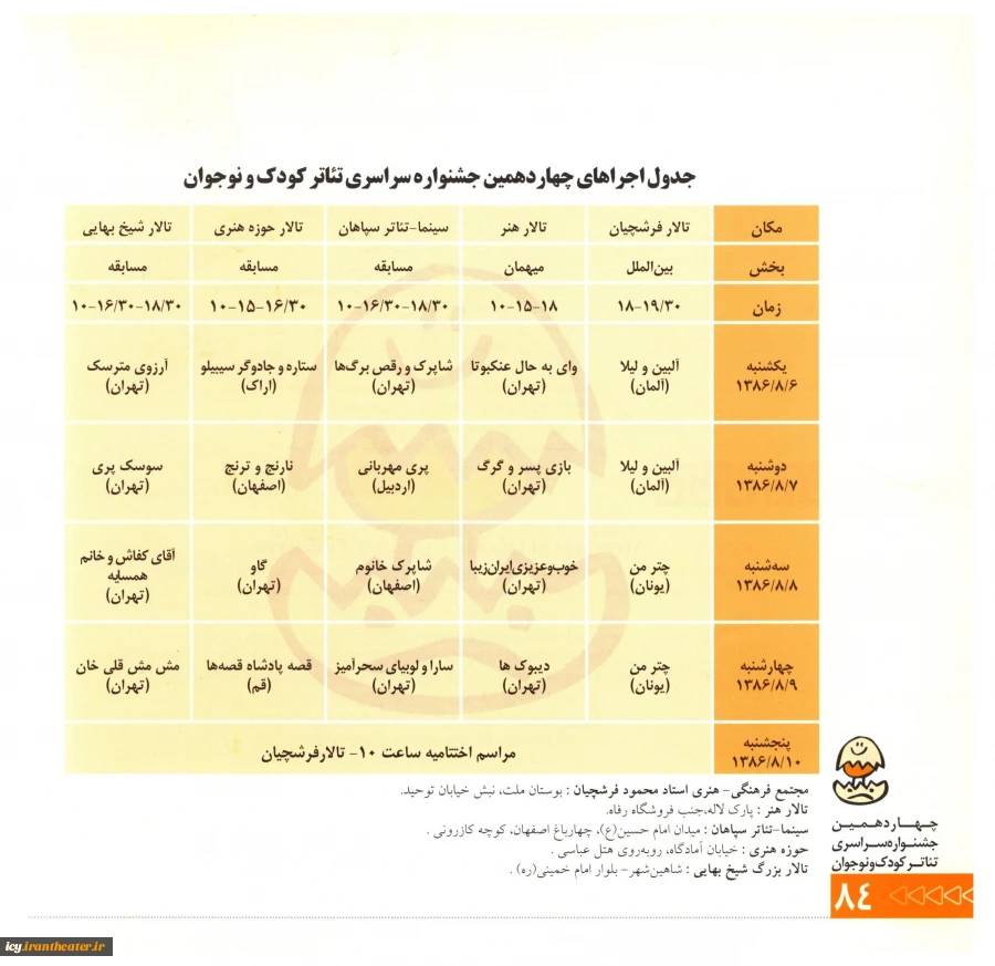 جدول اجرای چهاردهمین دوره جشنواره بین المللی تئاتر  کودک و نوجوان