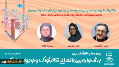 با آغاز رقابت گروه‌های نمایشی در بیست و هشتمین جشنواره بین‌المللی تئاتر کودک و نوجوان

داوران بخش فراگیر جشنواره تئاتر کودک و نوجوان معرفی شدند